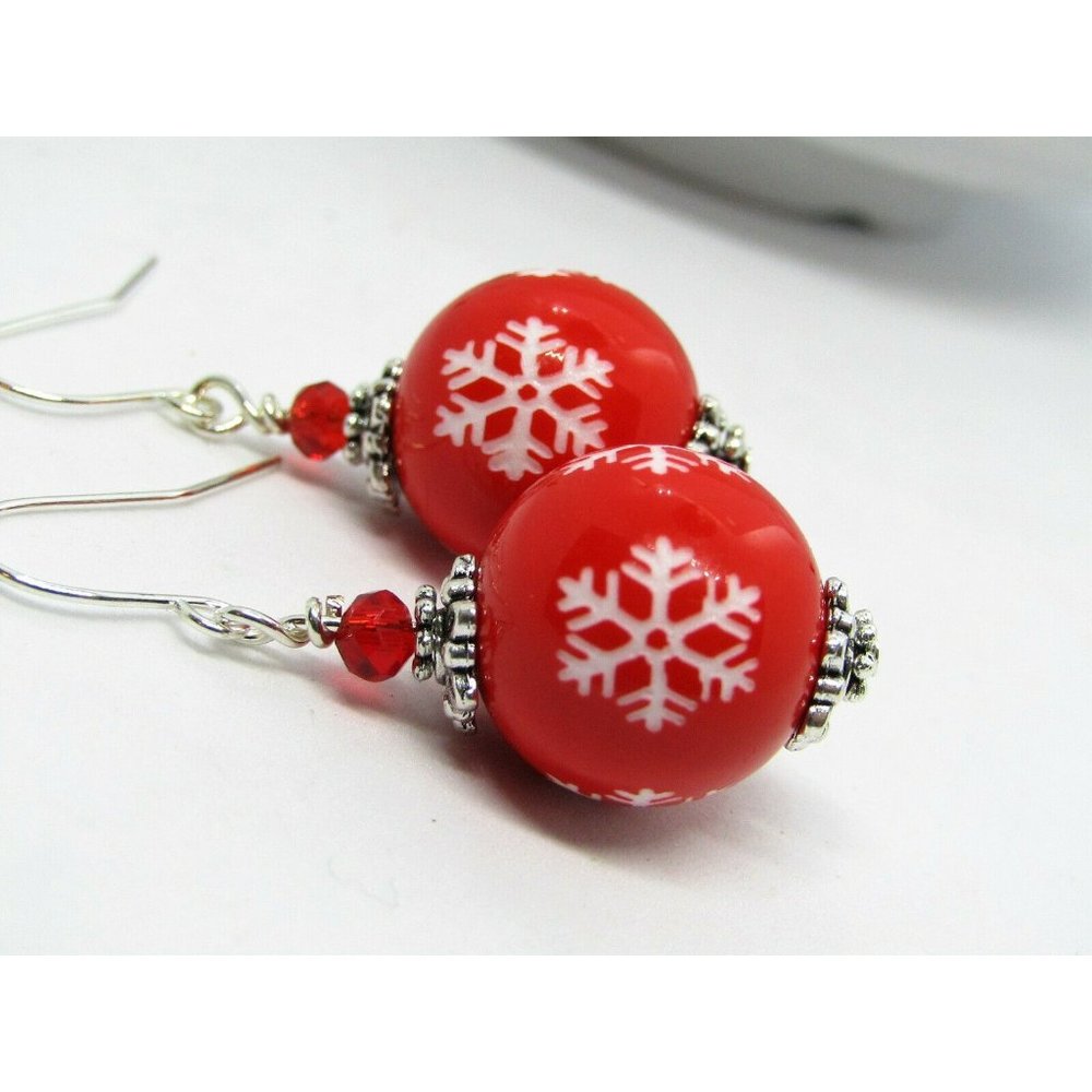 Red SNOWFLAKE Christmas Silver Dangle Earrings